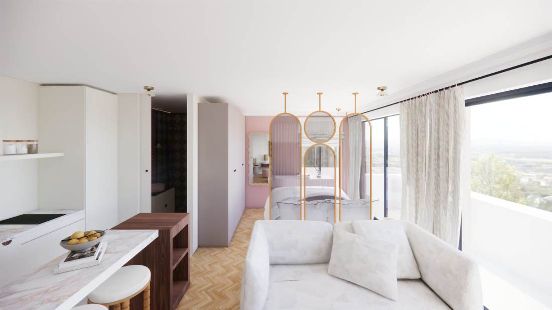Studio, salle d'eau rose